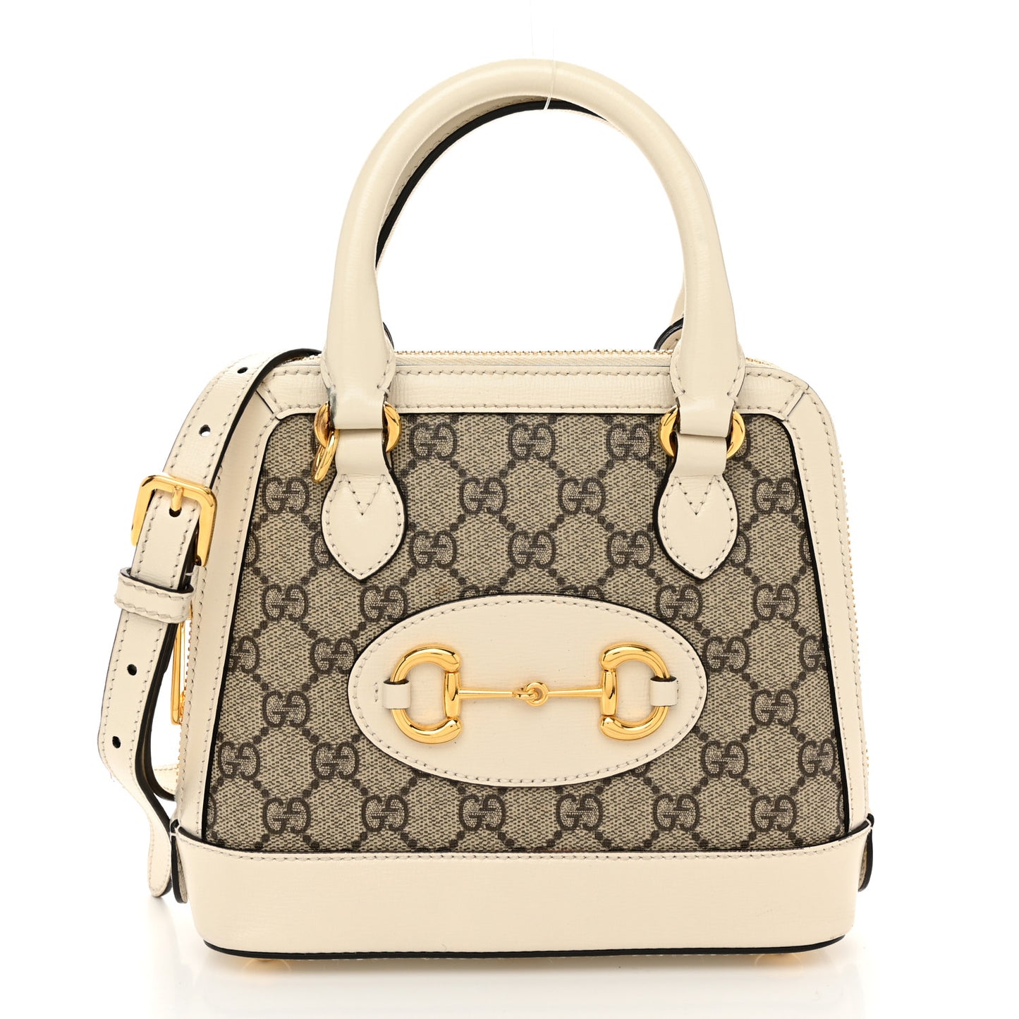 GG Supreme Monogram Azalea Calfskin Mini Horsebit 1955 Top Handle Bag Beige Ebony Mystic White