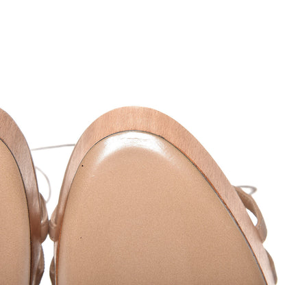 Valentino Garavani Calfskin Lace Applique Wood Wedge Sandals 38.5 Poudre 7 of 9
