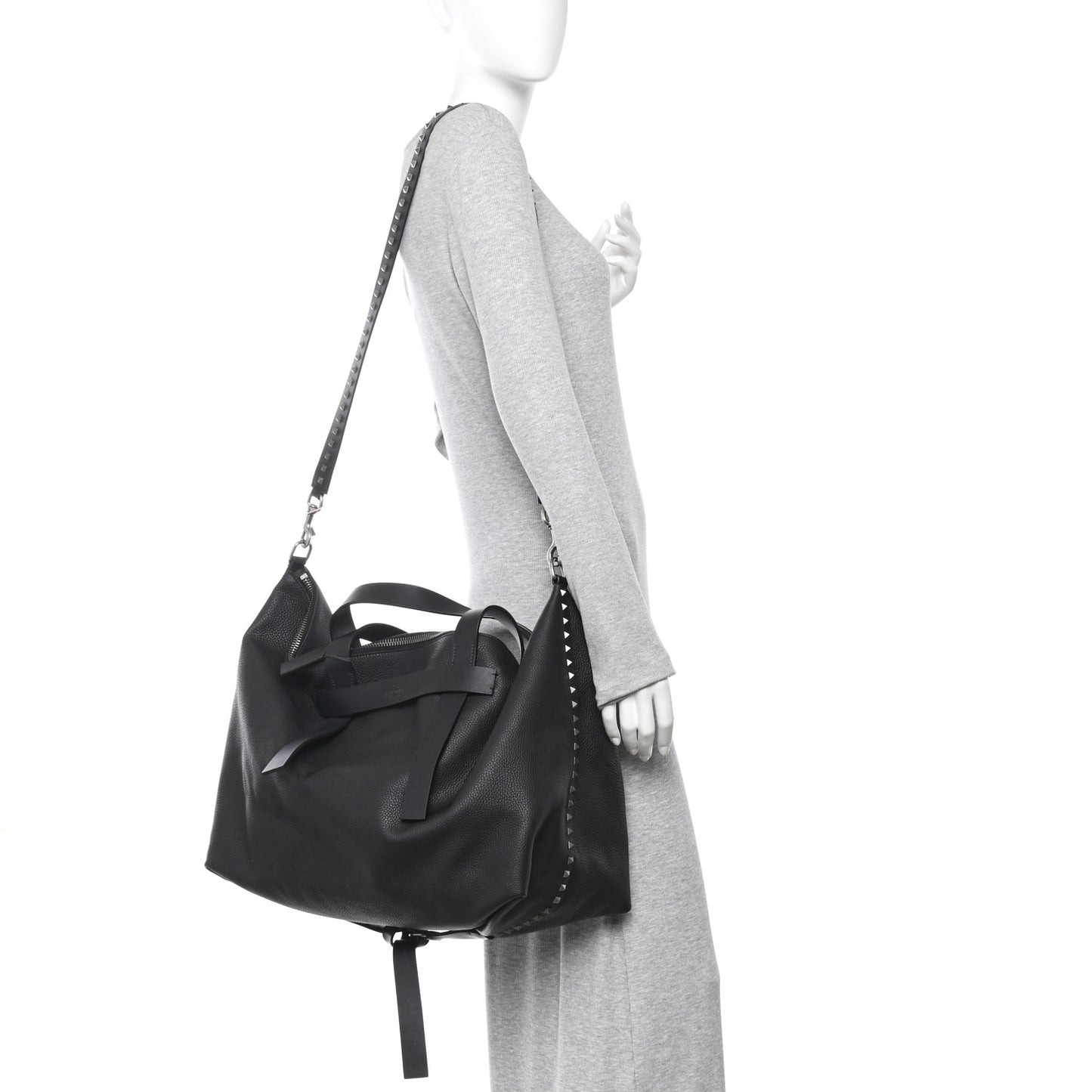 Grained Calfskin Rockstud Travel Tote Bag Black