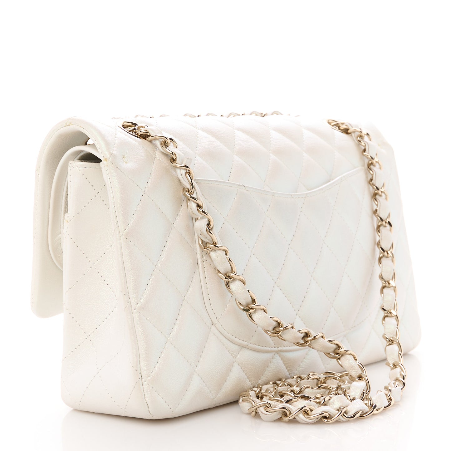 Iridescent Calfskin Quilted Medium Double Flap White