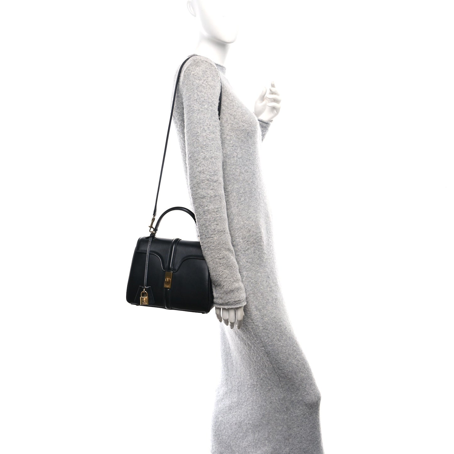 Satinated Calfskin Small 16 Top Handle Bag Black