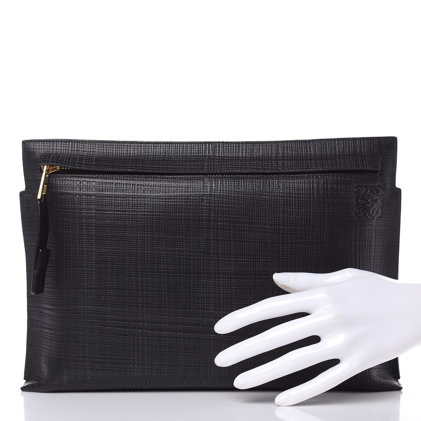 Calfskin Linen Embossed Large T Pouch Black