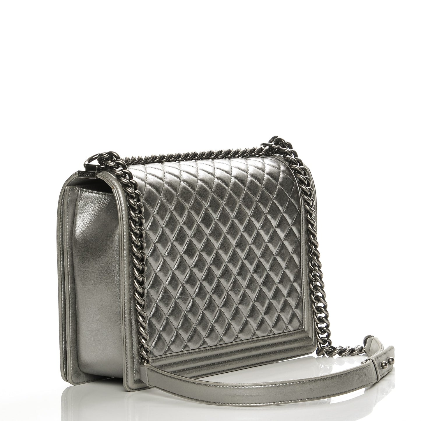 Metallic Calfskin Quilted Large Boy Flap Silver