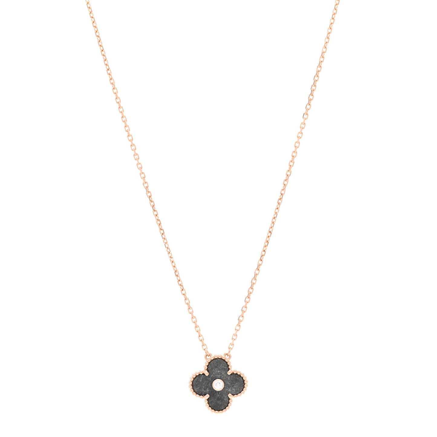 18K Rose Gold Diamond Silver Obsidian Vintage Alhambra Pendant Necklace