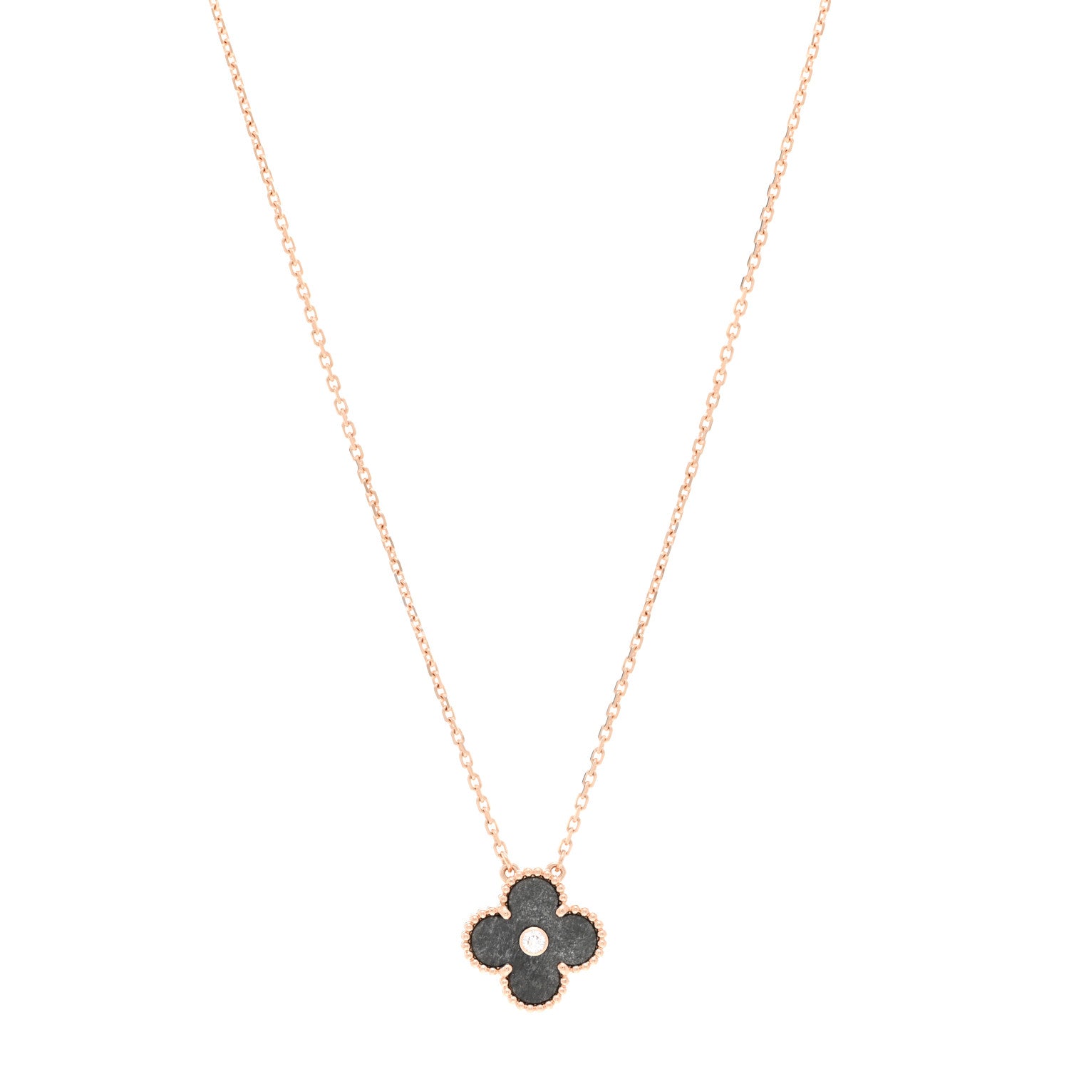 Van Cleef & Arpels 18K Rose Gold Diamond Silver Obsidian Vintage Alhambra Pendant Necklace 1 of 4