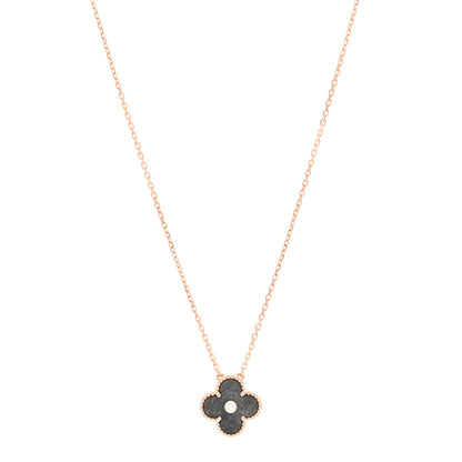 Van Cleef & Arpels 18K Rose Gold Diamond Silver Obsidian Vintage Alhambra Pendant Necklace 1 of 4