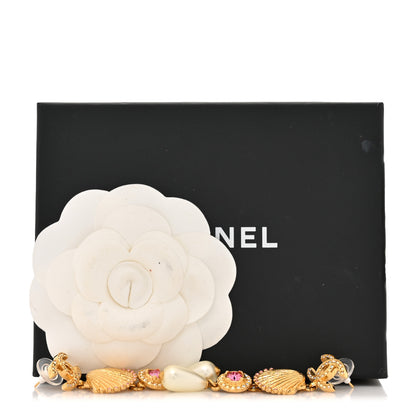Chanel Metal Crystal Pearl CC Drop Earrings Gold Pink White 5 of 5