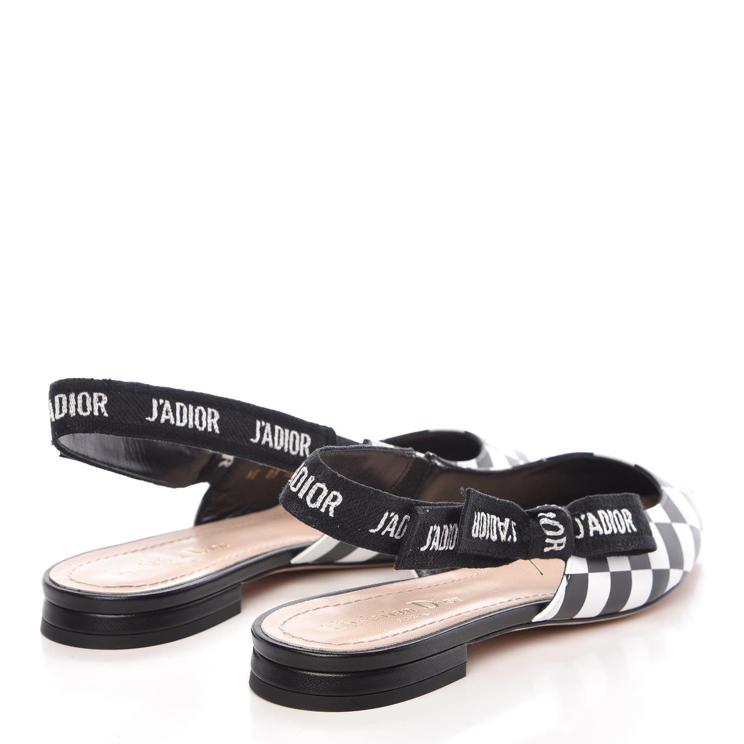 Christian Dior Calfskin Ribbon Checker Print J'Adior Slingback Ballet Flats 38 Black White 4 of 9