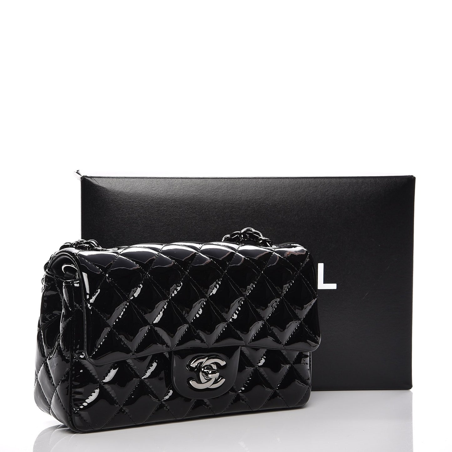 Patent Calfskin Quilted Mini Rectangular Flap Black