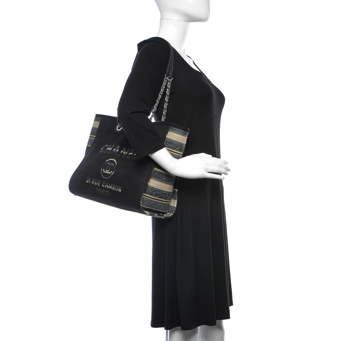 Striped Canvas Small Deauville Tote Grey Black