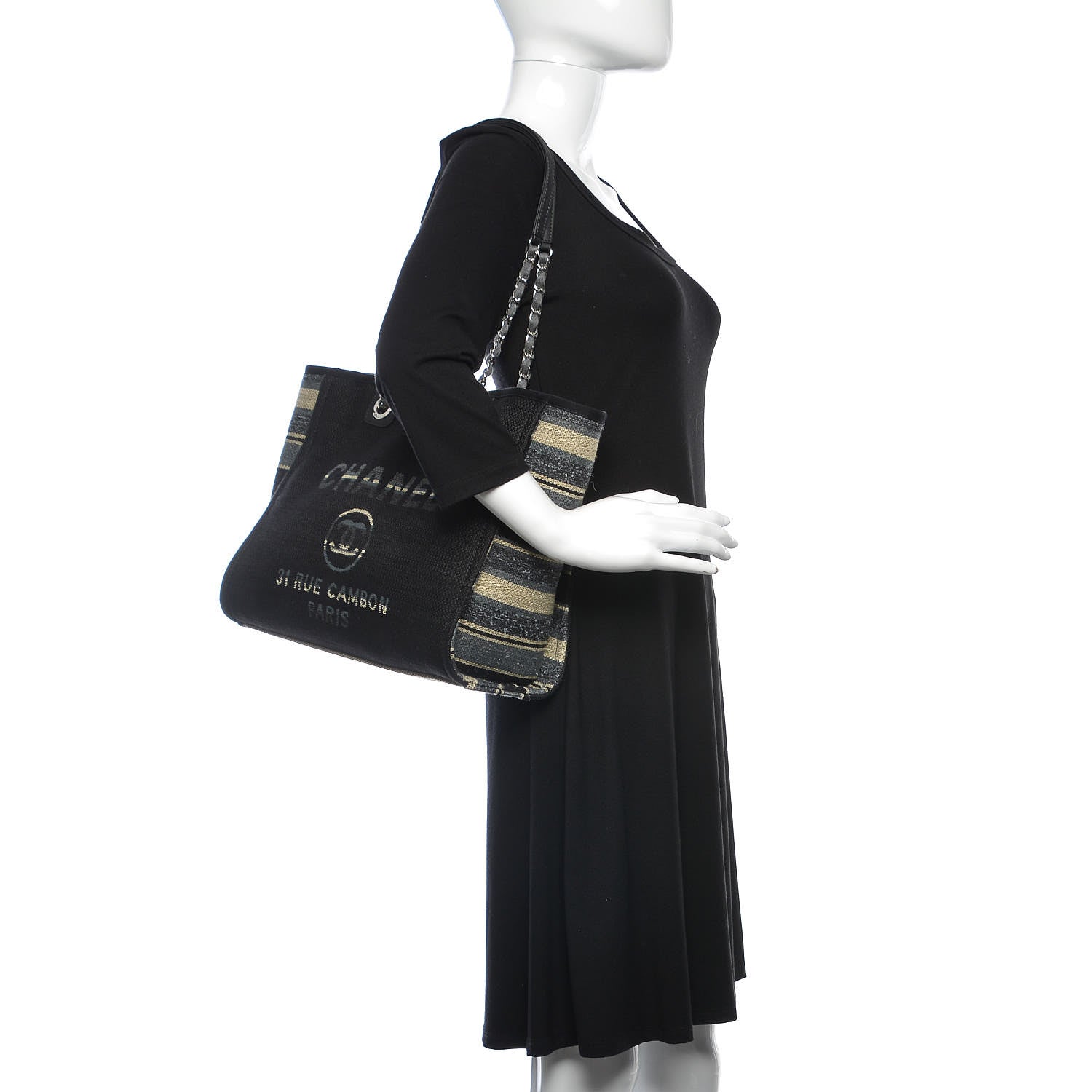 Chanel Striped Canvas Small Deauville Tote Grey Black 2 of 10