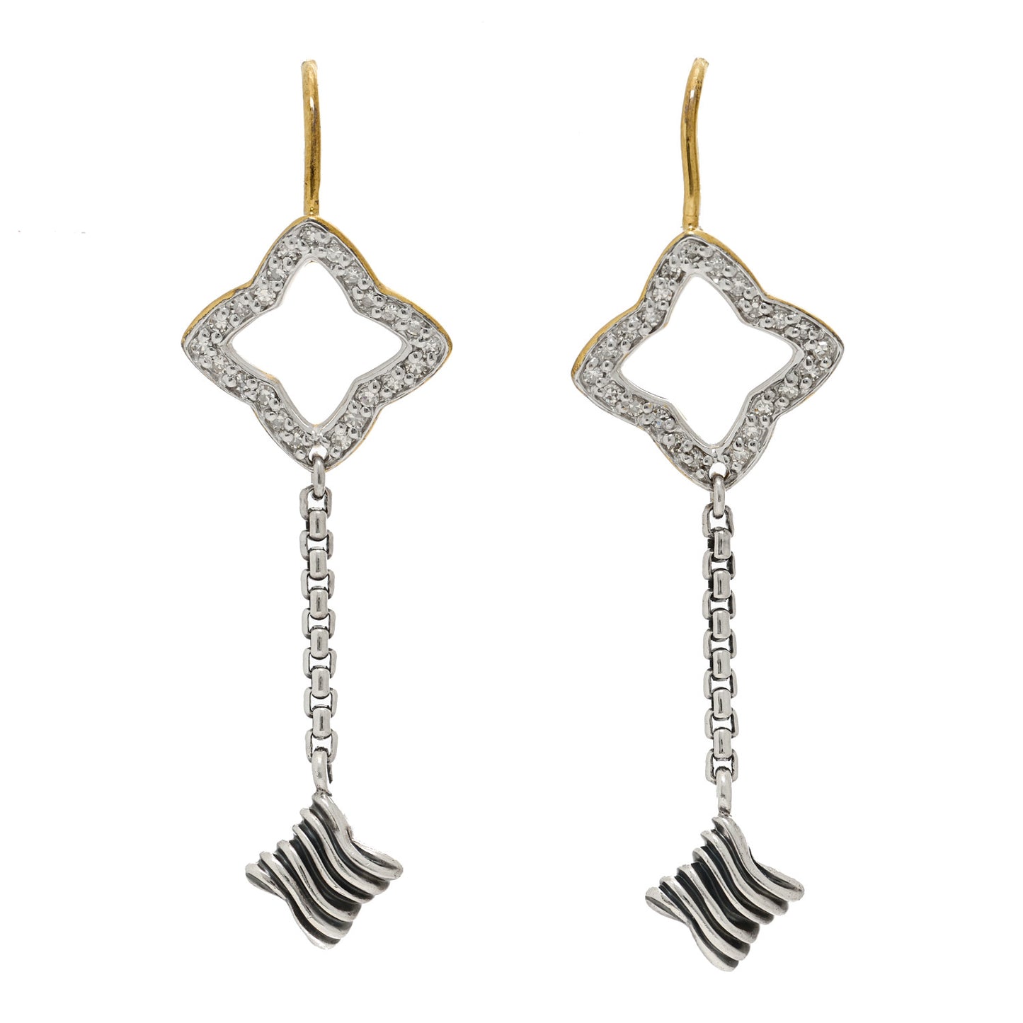Sterling Silver 18K Yellow Gold Diamond Venetian Quatrefoil Drop Earrings