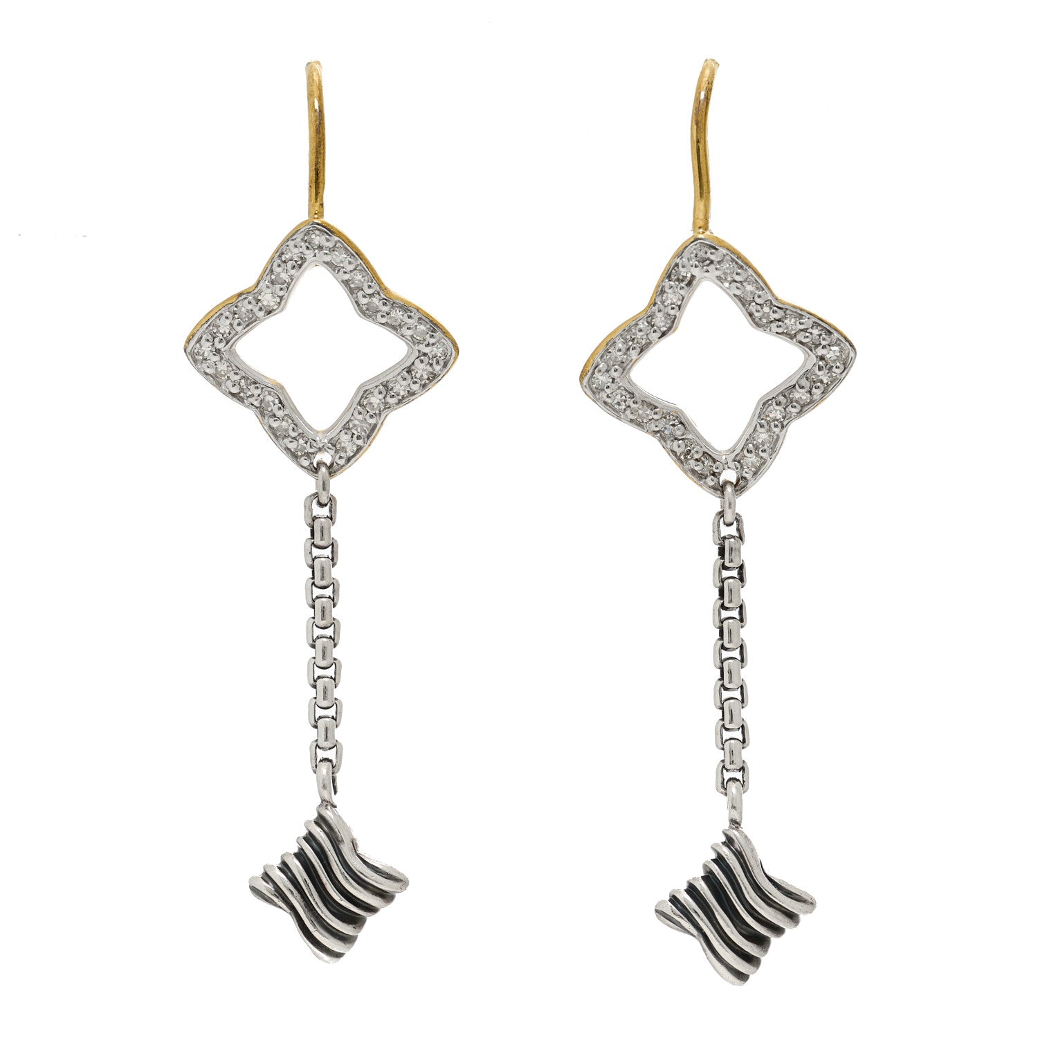 David Yurman Sterling Silver 18K Yellow Gold Diamond Venetian Quatrefoil Drop Earrings 1 of 4
