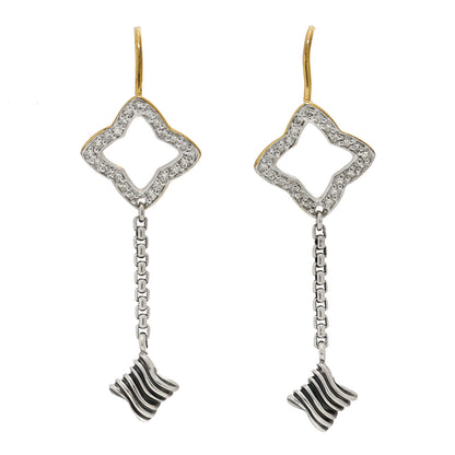 David Yurman Sterling Silver 18K Yellow Gold Diamond Venetian Quatrefoil Drop Earrings 1 of 4