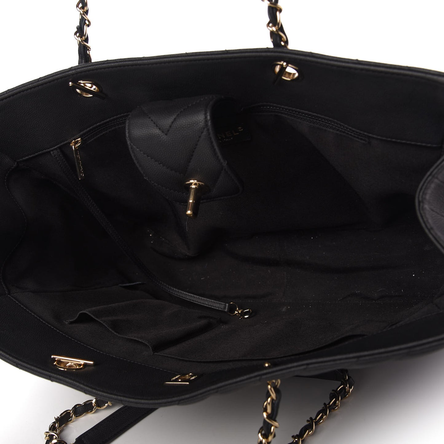 Caviar Chevron Quilted Large Shopping Tote Black