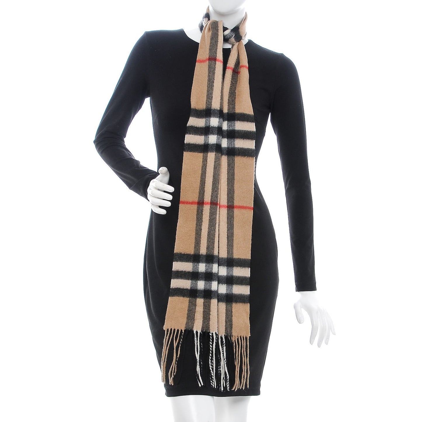 Cashmere Giant Check Fringe Scarf Camel