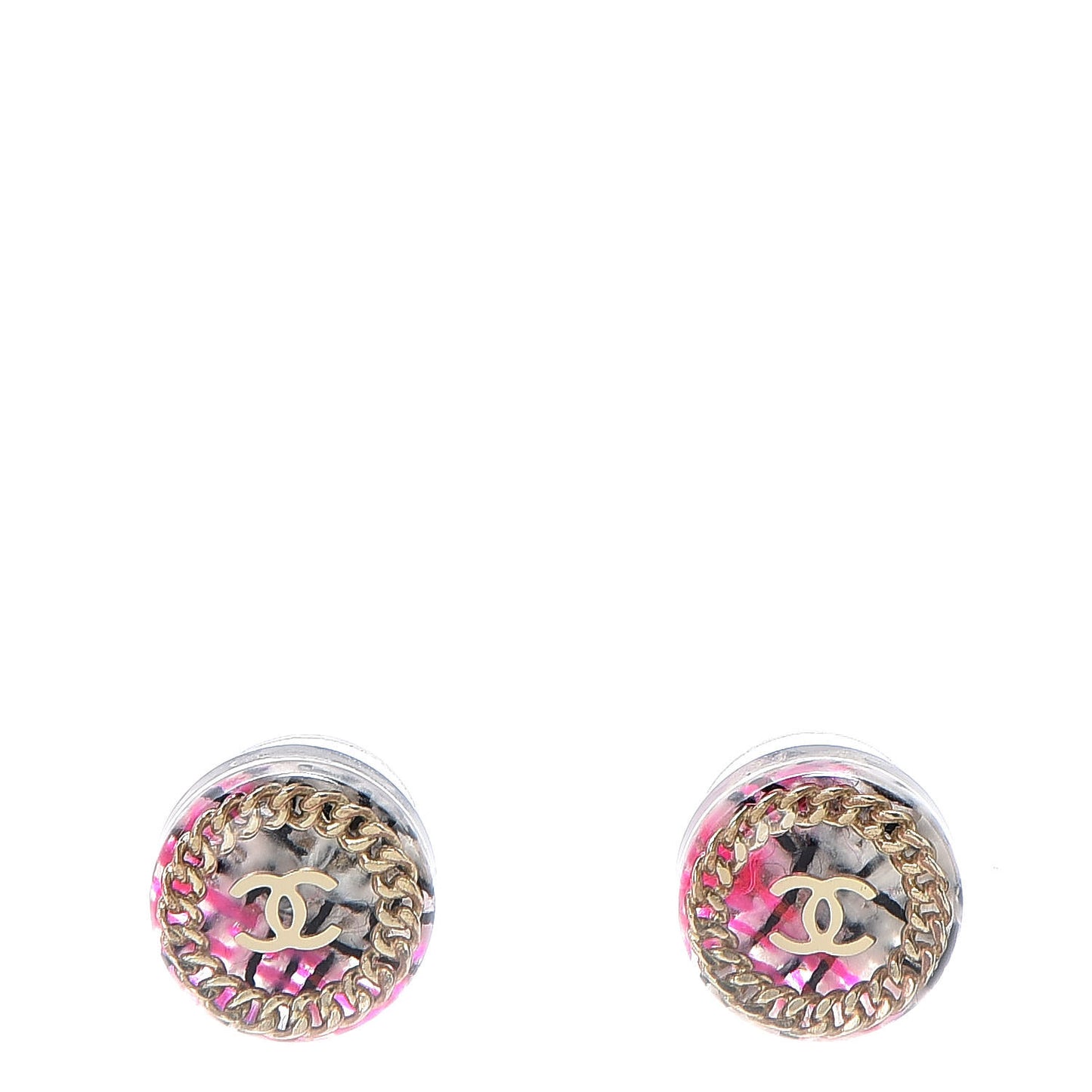 Resin Tweed Chain CC Round Earrings Gold Pink