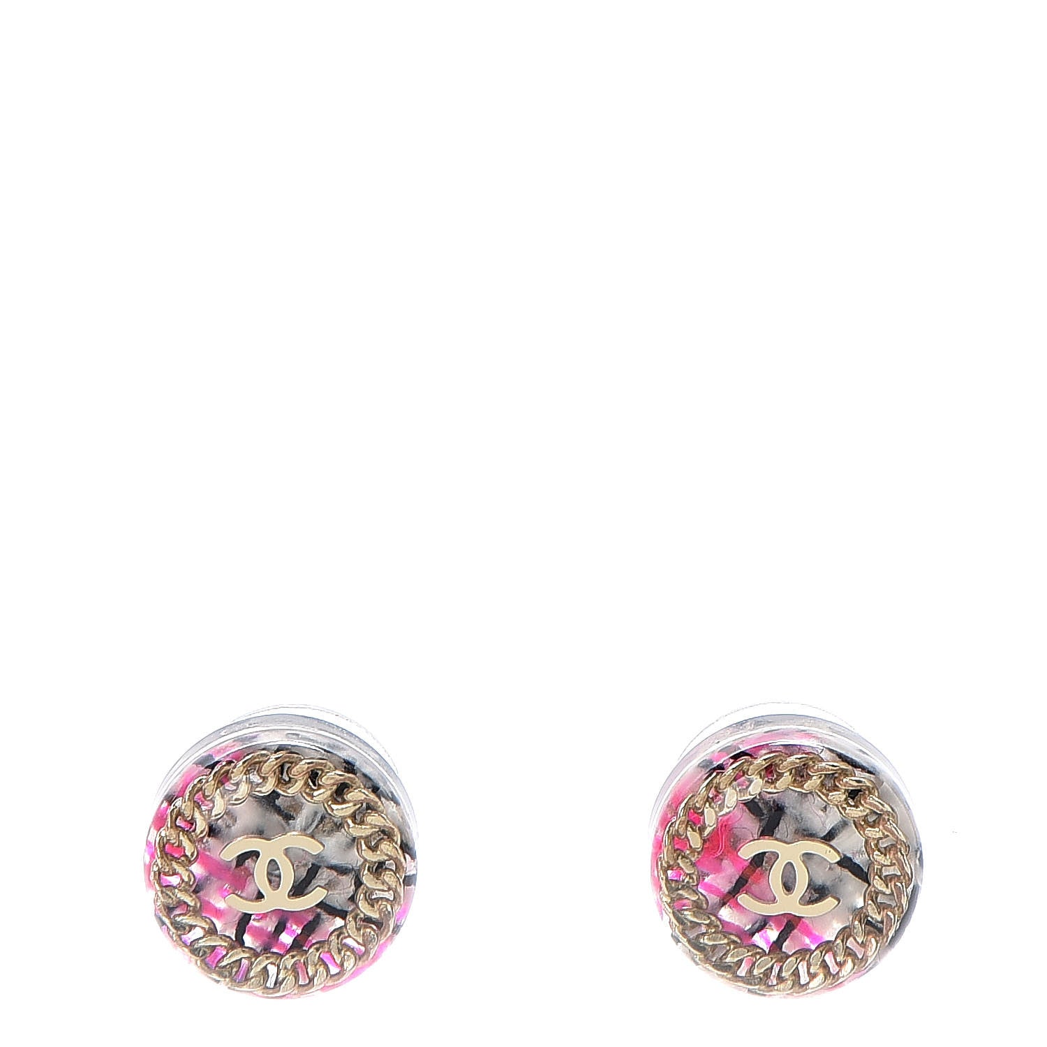 Chanel Resin Tweed Chain CC Round Earrings Gold Pink 1 of 4