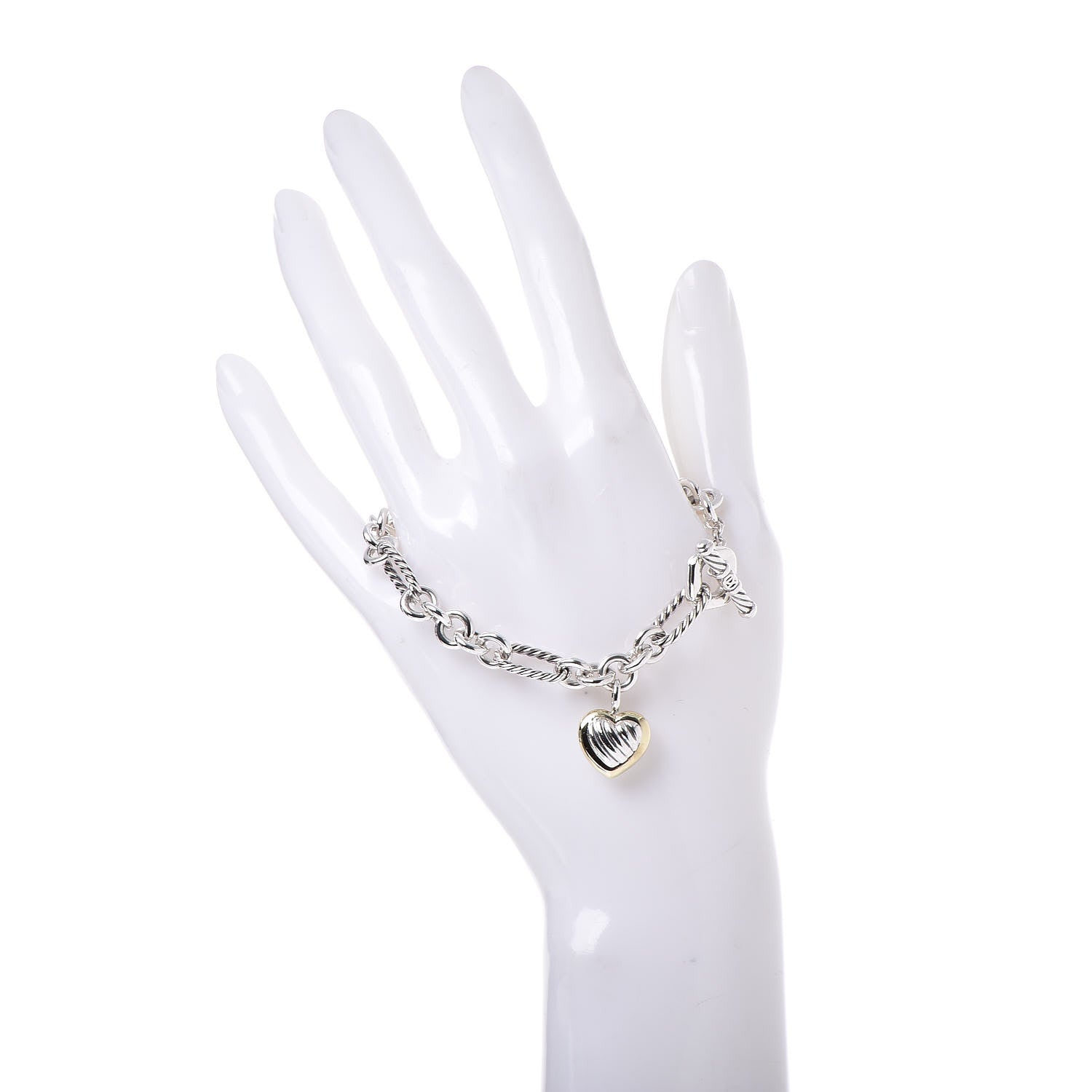 David Yurman Sterling Silver 18K Yellow Gold Cable Heart Charm Bracelet 2 of 5
