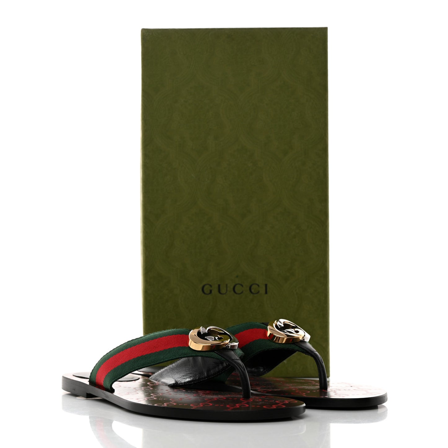Nylon Calfskin Web GG Monogram Womens Thong Sandals 39 Green Red Cocoa