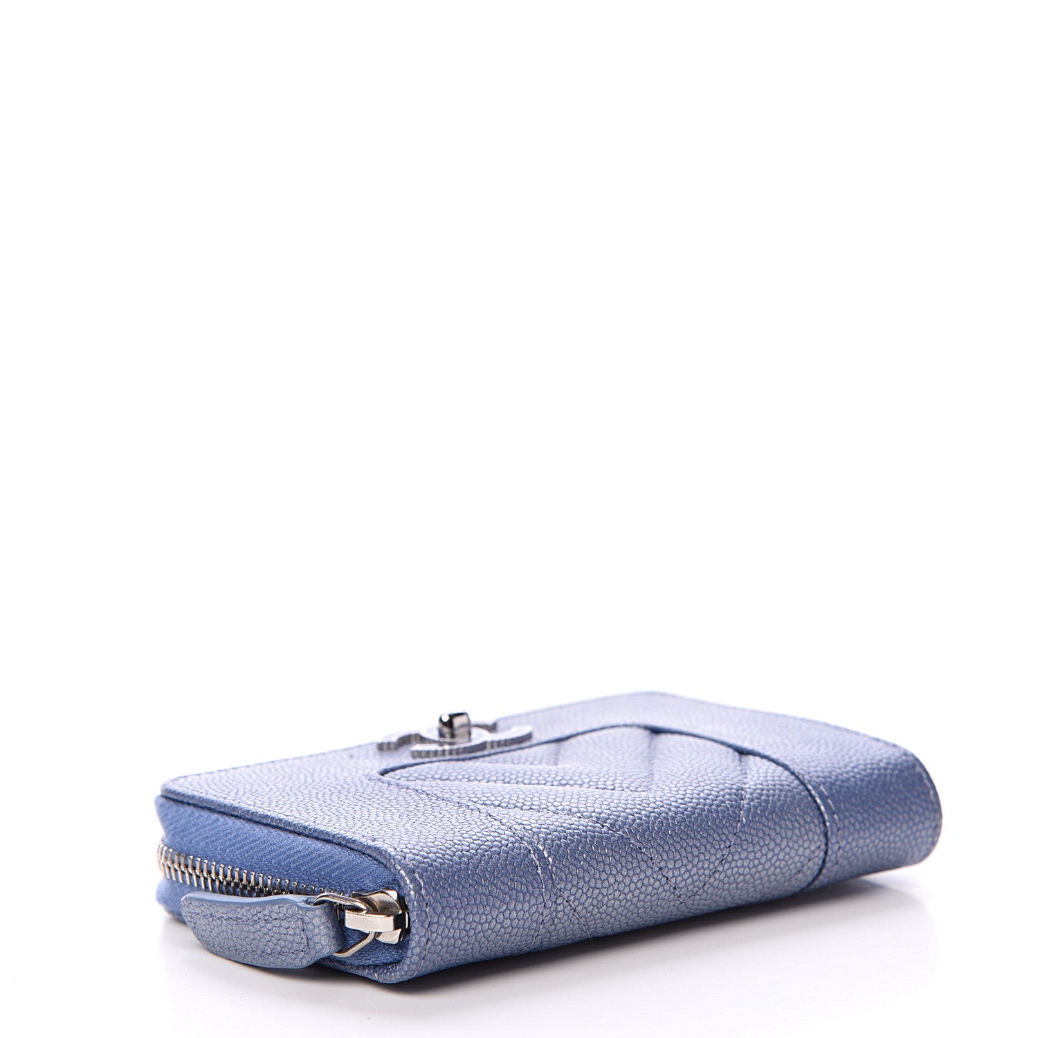 Chanel Metallic Caviar Chevron Quilted Vintage Mademoiselle Zip Coin Purse Light Blue 3 of 7