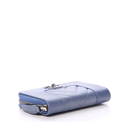 Chanel Metallic Caviar Chevron Quilted Vintage Mademoiselle Zip Coin Purse Light Blue 3 of 7