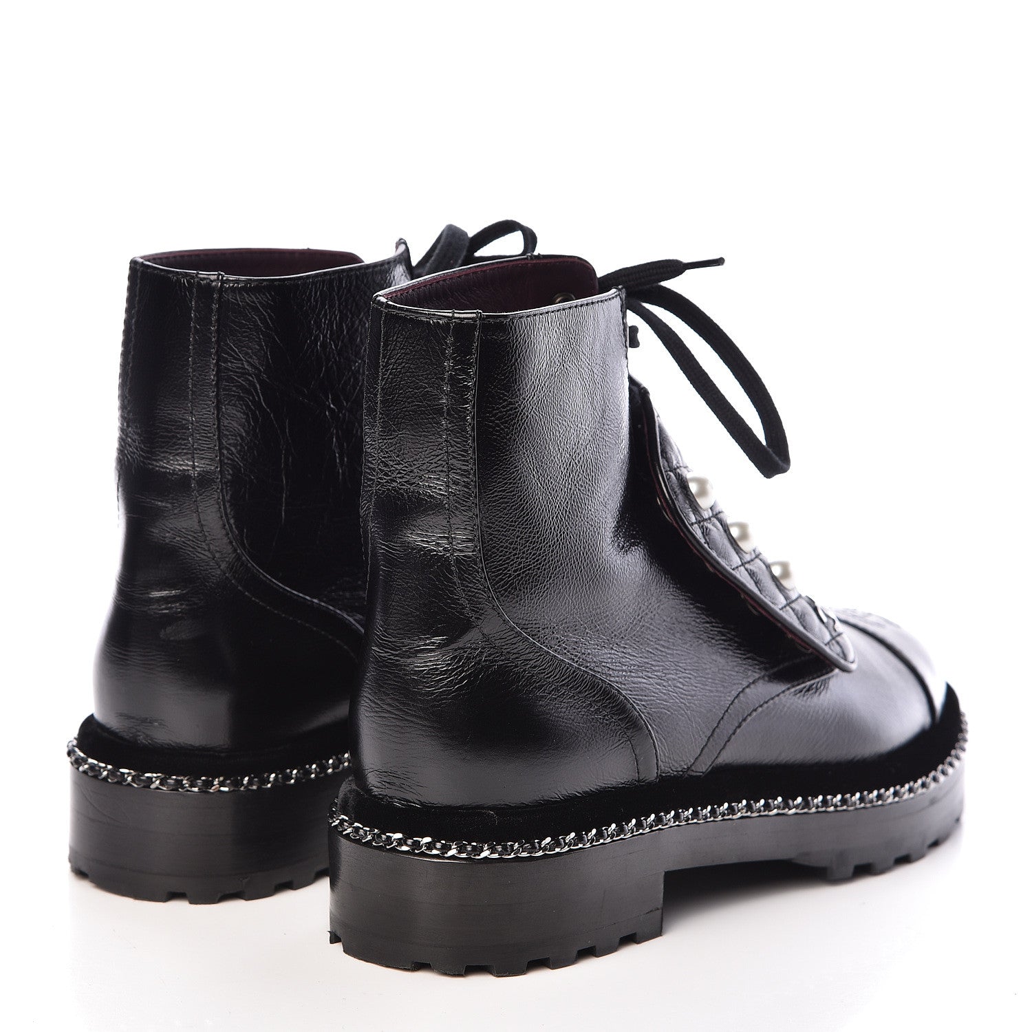 Chanel Crackled Calfskin Velvet Pearl Combat Short Boots 38 Black 4 of 9