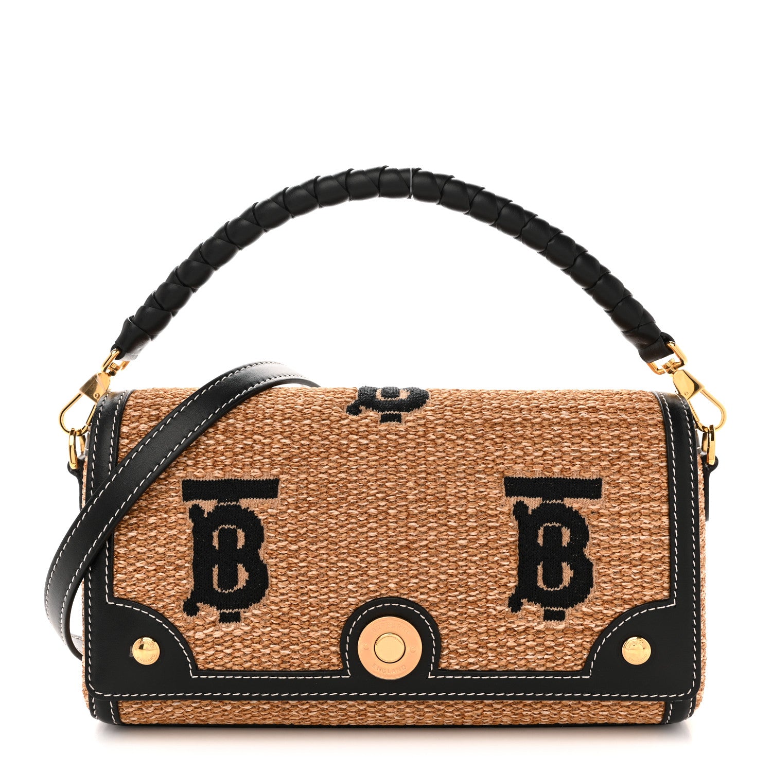 Burberry Raffia Calfskin TB Small Note Crossbody Bag Natural Black 1 of 11