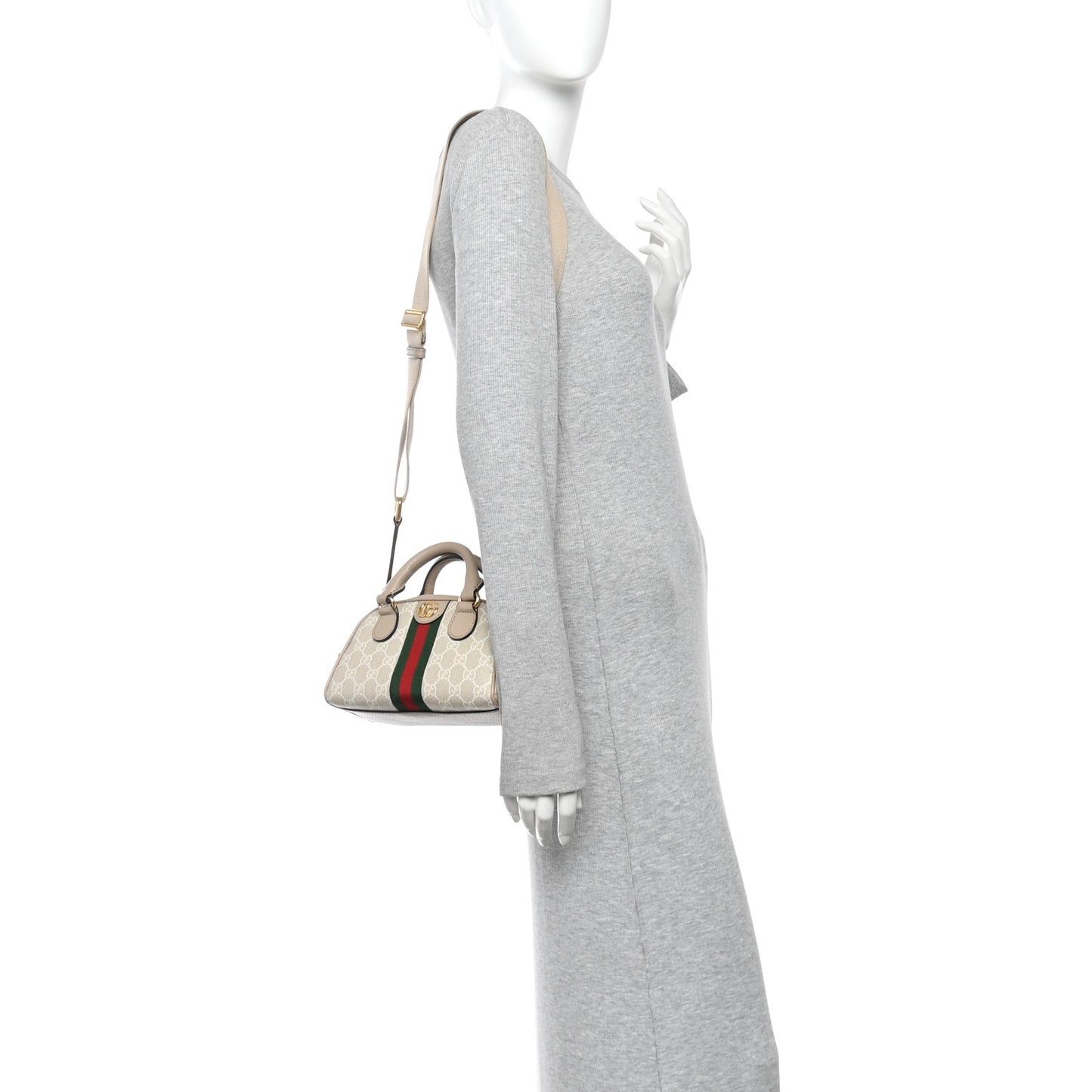 GG Supreme Monogram Textured Dollar Calfskin Web Mini Ophidia Top Handle Bowler Bag Beige Mystic White Oatmeal