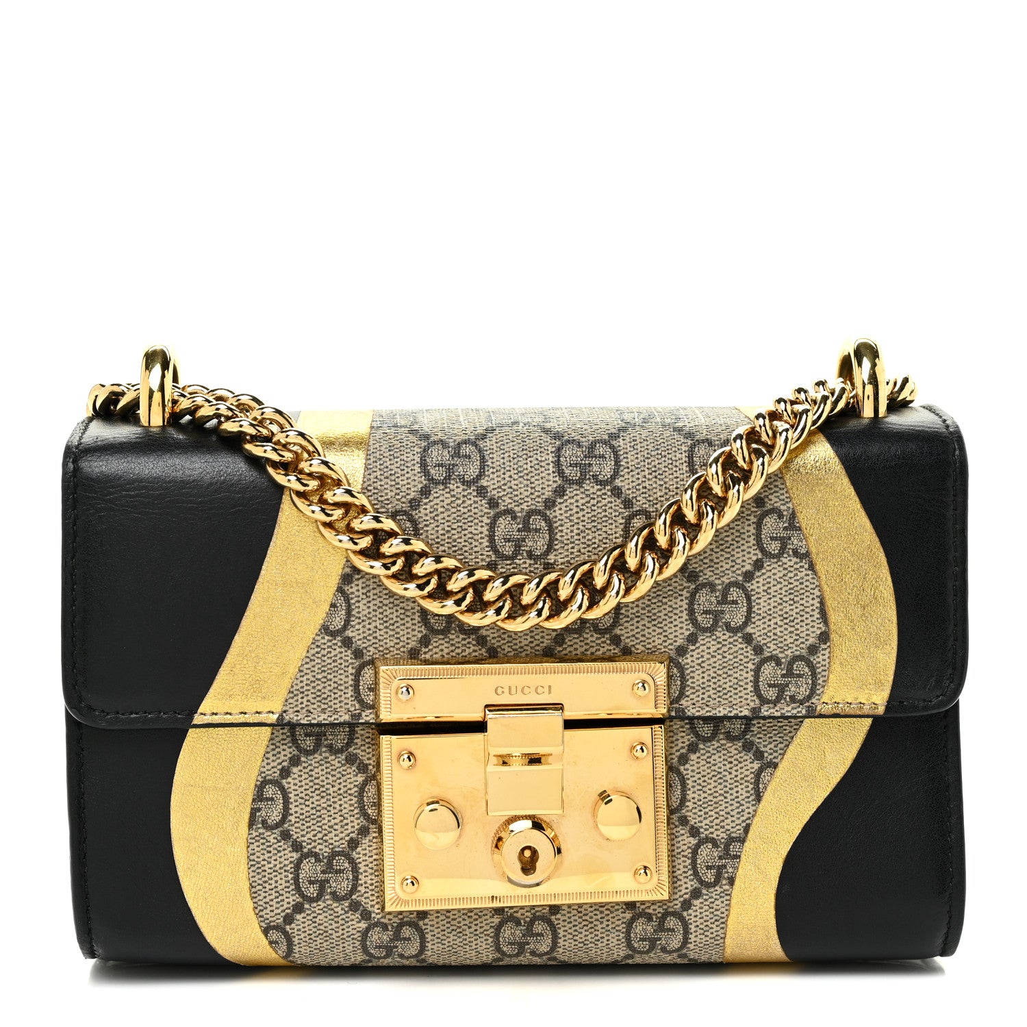 Gucci Calfskin GG Supreme Monogram Small Padlock Shoulder Bag Black Gold 1 of 9