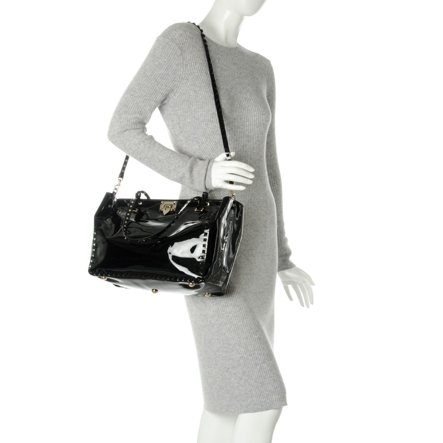 Patent Medium Rockstud Tote Black