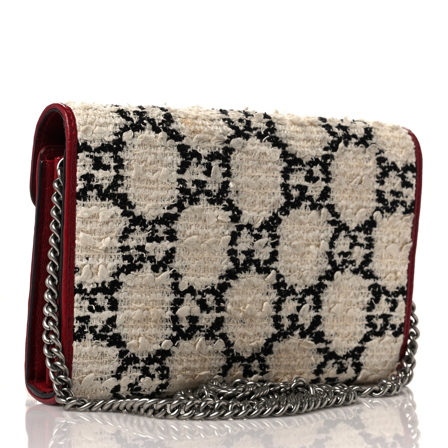 Tweed GG Monogram Mini Dionysus Chain Wallet White Black Romantic Cherry