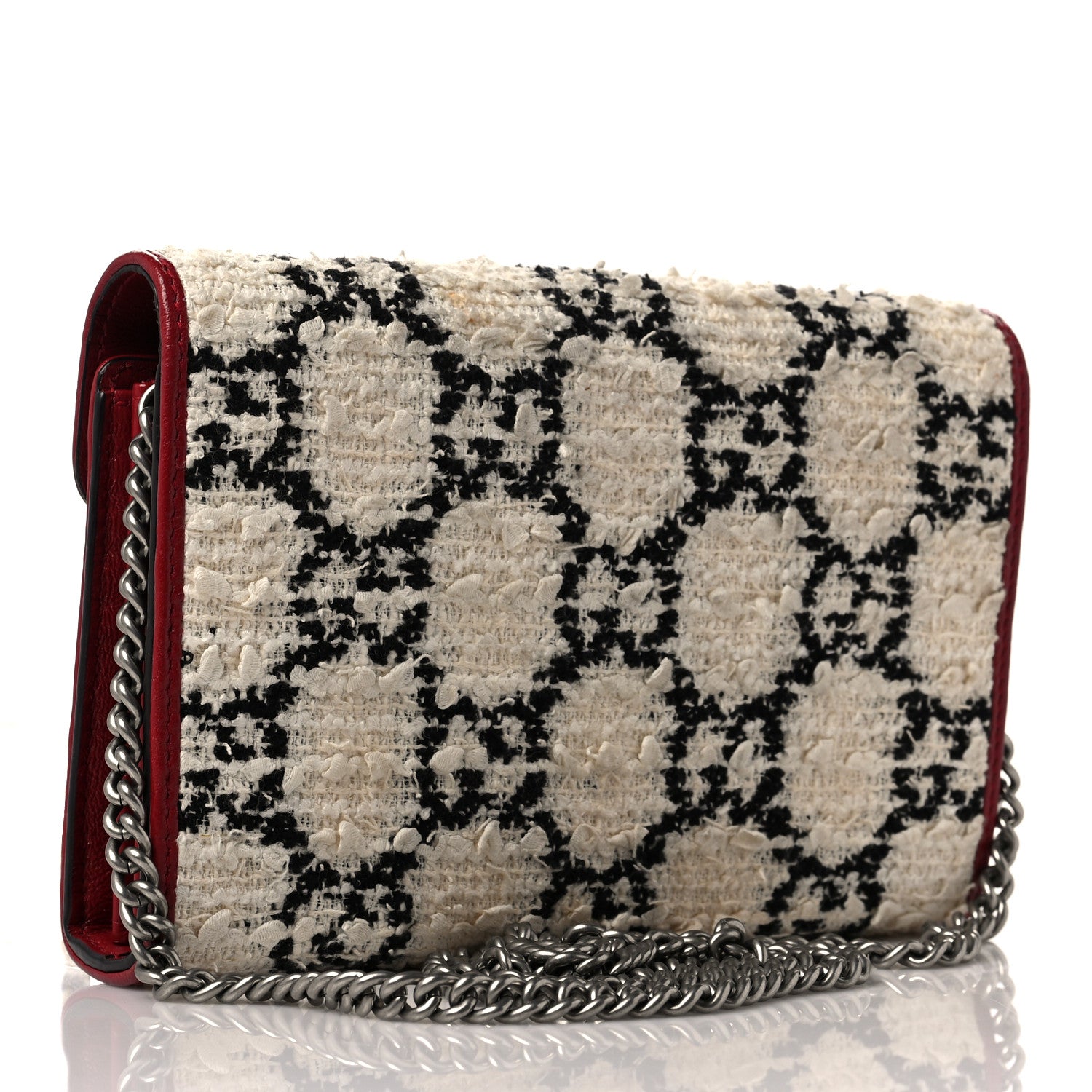 Gucci Tweed GG Monogram Mini Dionysus Chain Wallet White Black Romantic Cherry 3 of 11