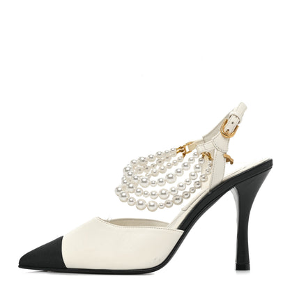 Chanel Lambskin Grosgrain Cap Toe Pearl Slingbacks Pumps 37 Ivory Black 1 of 8