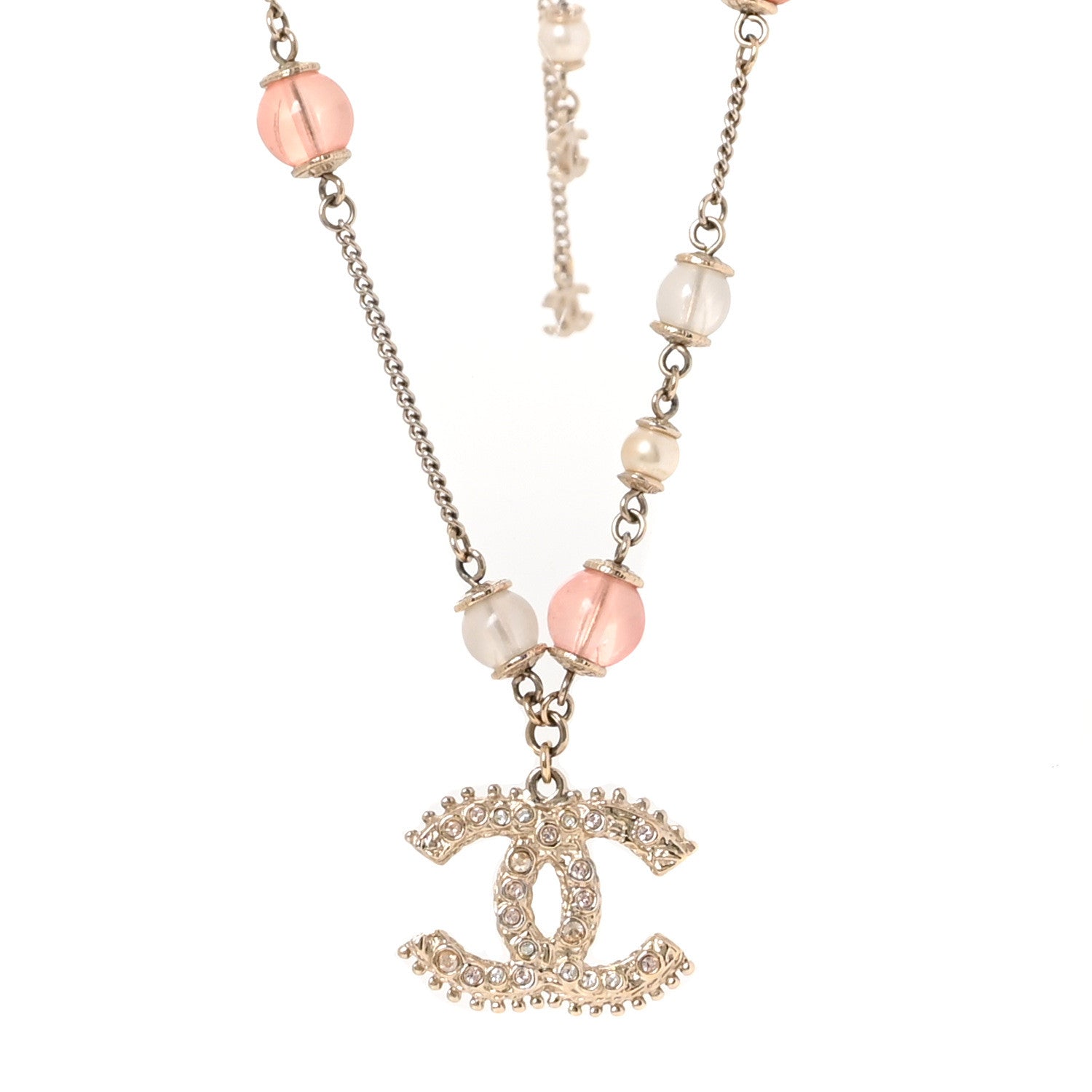 Chanel Beaded Pearl Crystal CC Long Necklace Gold Coral 1 of 5