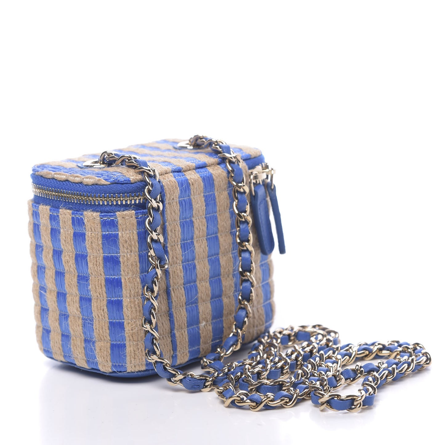 Raffia Jute Striped Mini Vanity Case With Chain Blue Beige