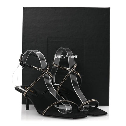 Saint Laurent Crepe Satin Strass Baliqua 55 Ankle Strap Sandals 37 Black Greige 11 of 11
