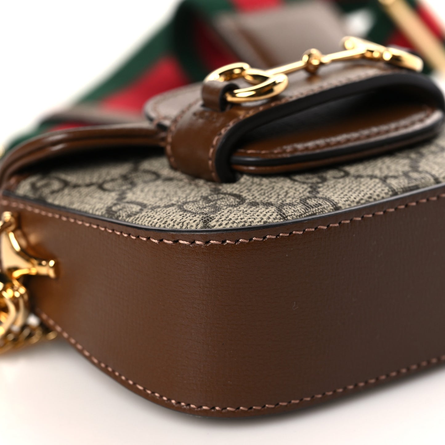 GG Supreme Monogram Azalea Calfskin Web Horsebit 1955 Wallet On Strap Beige Ebony Brown Sugar