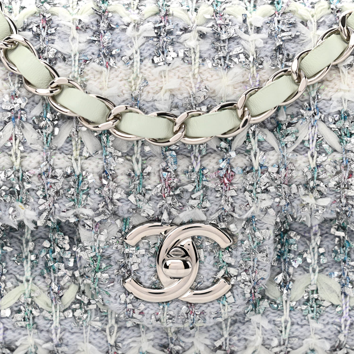 Chanel Tweed Quilted Mini Rectangular Flap Light Green Silver White 8 of 11