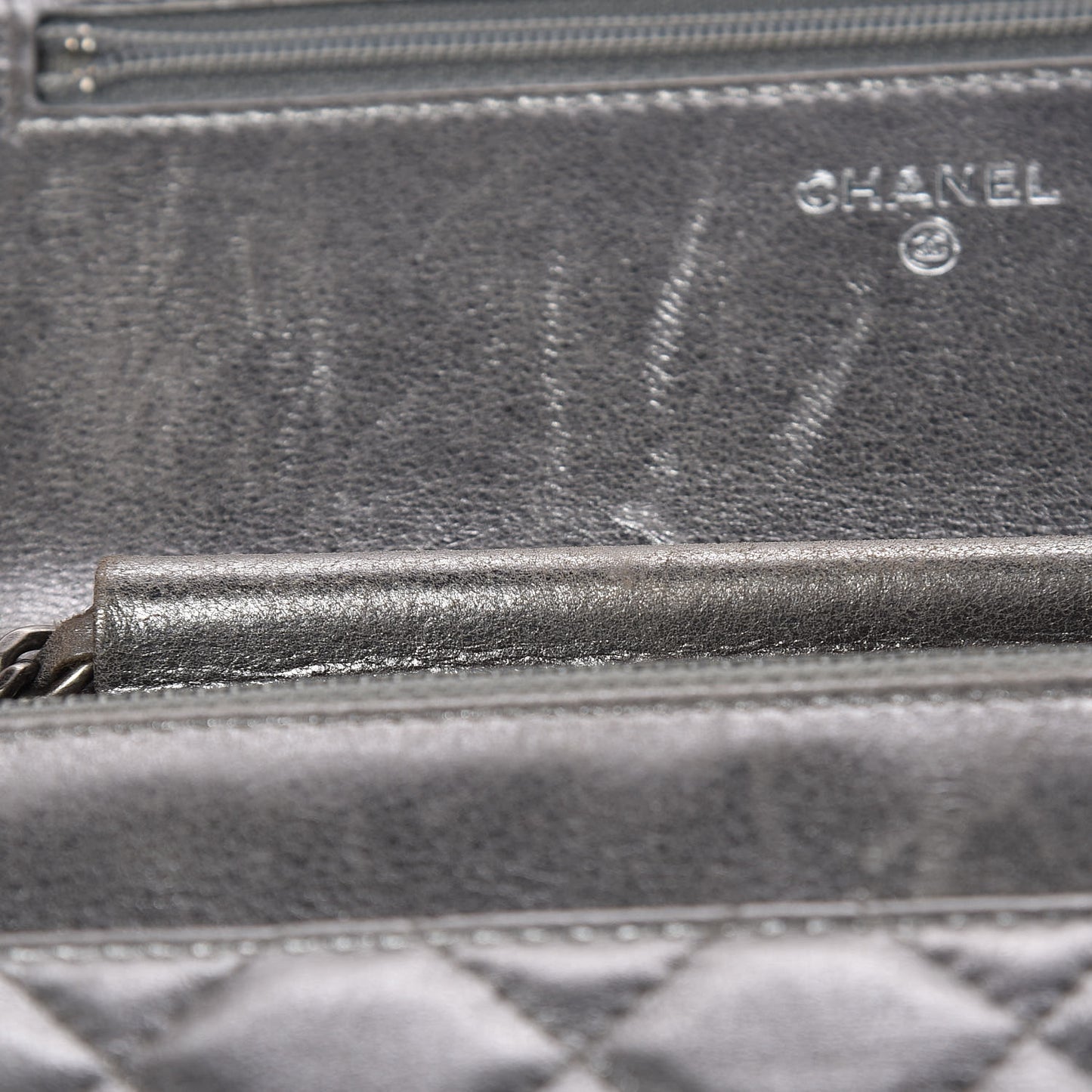 Metallic Calfskin Quilted Boy Wallet On Chain WOC Silver