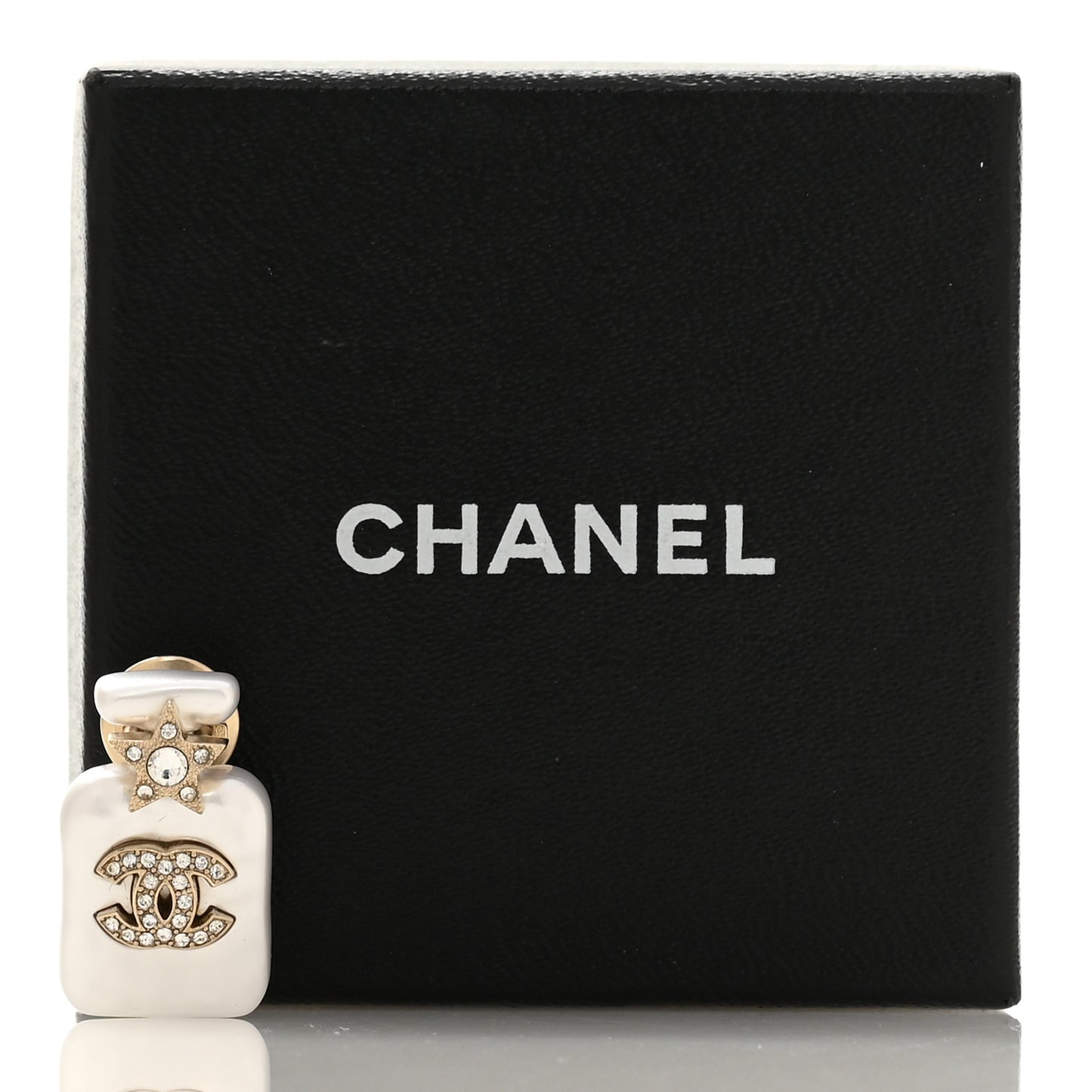 Pearl Resin Crystal CC Perfume Bottle Brooch Gold Pearly White