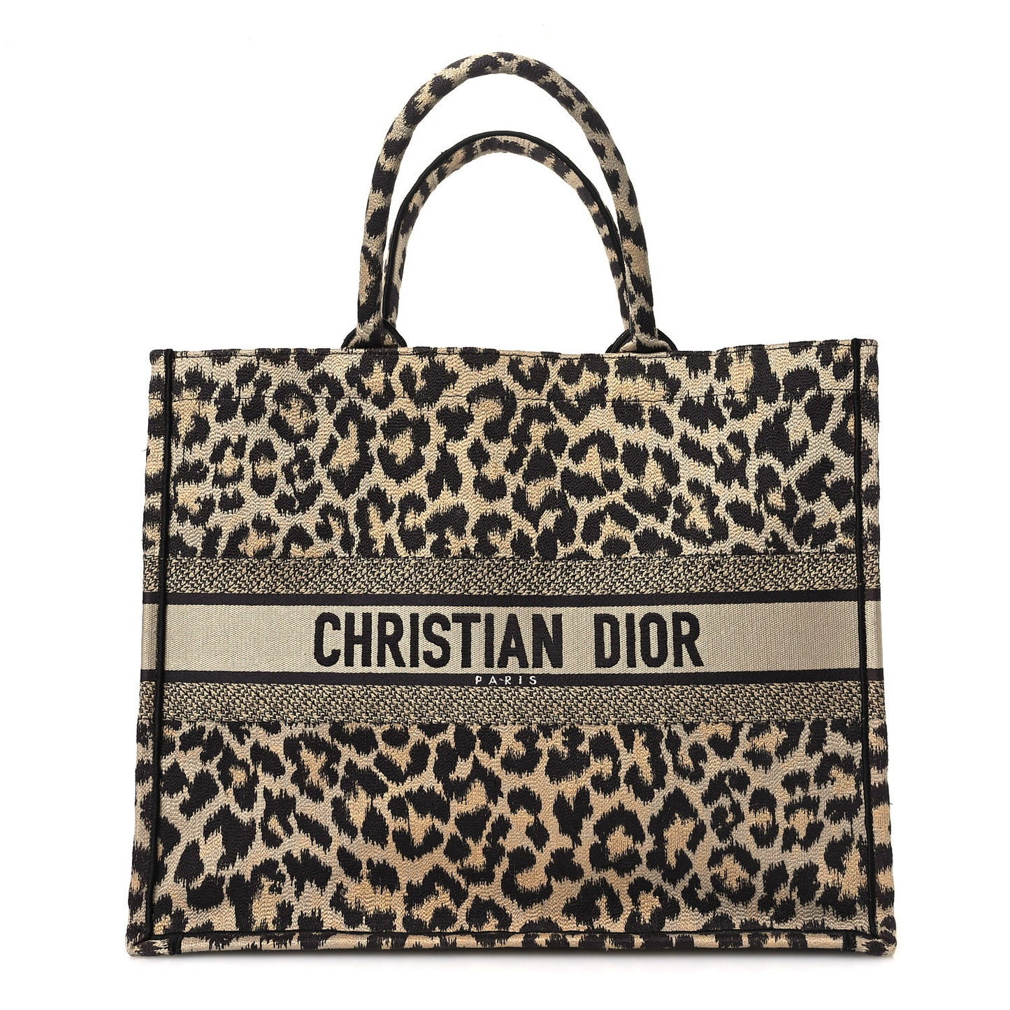 Canvas Mizza Embroidered Large Leopard Book Tote Beige
