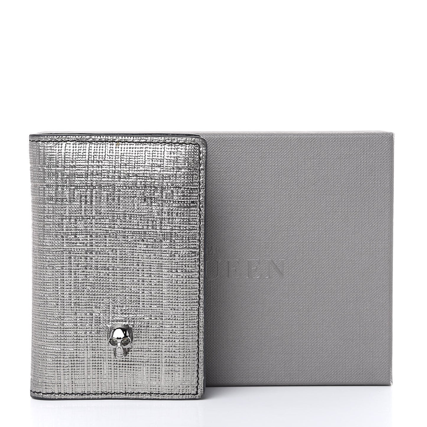 Metallic Textured Calfskin Skull Bi Fold Card Holder Silver