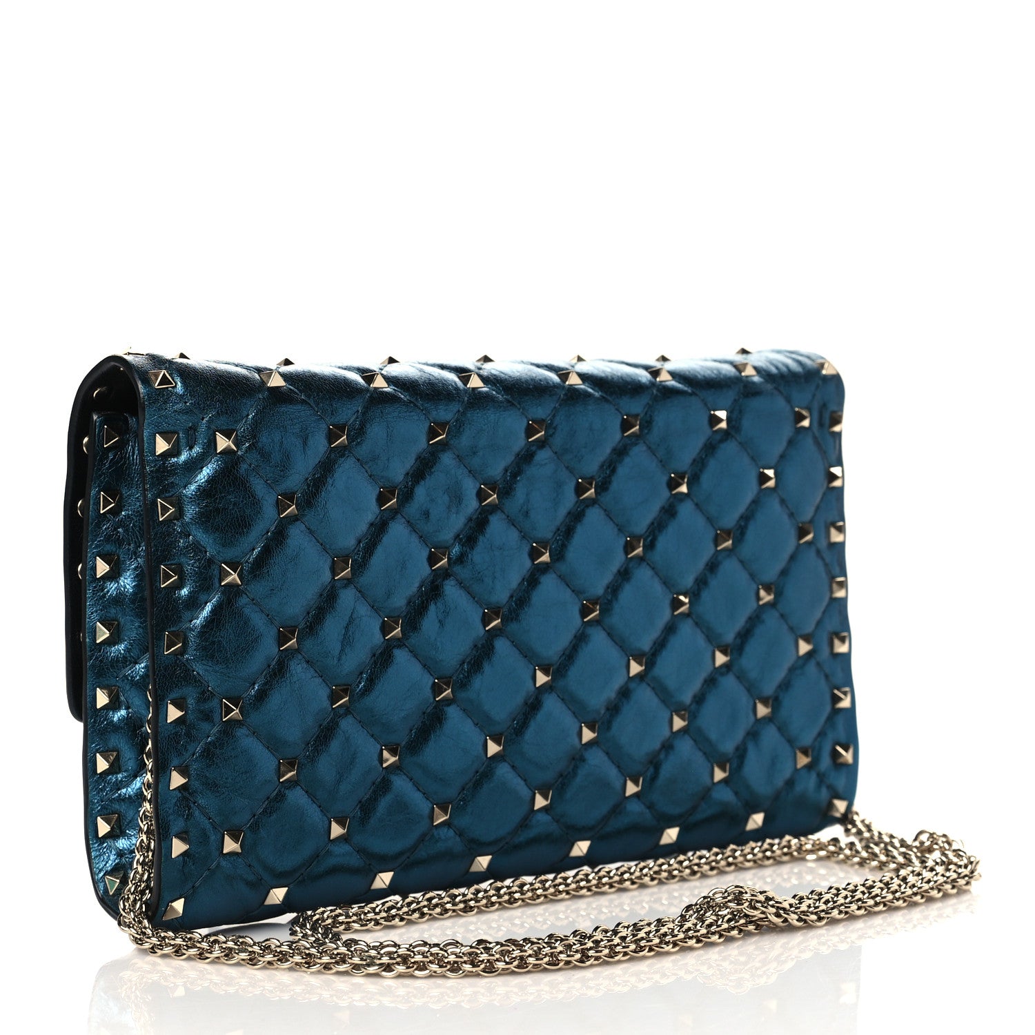 Valentino Garavani Metallic Wrinkled Lambskin Rockstud Spike Wallet On Chain Peacock 2 of 8