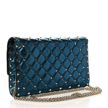 Valentino Garavani Metallic Wrinkled Lambskin Rockstud Spike Wallet On Chain Peacock 2 of 8