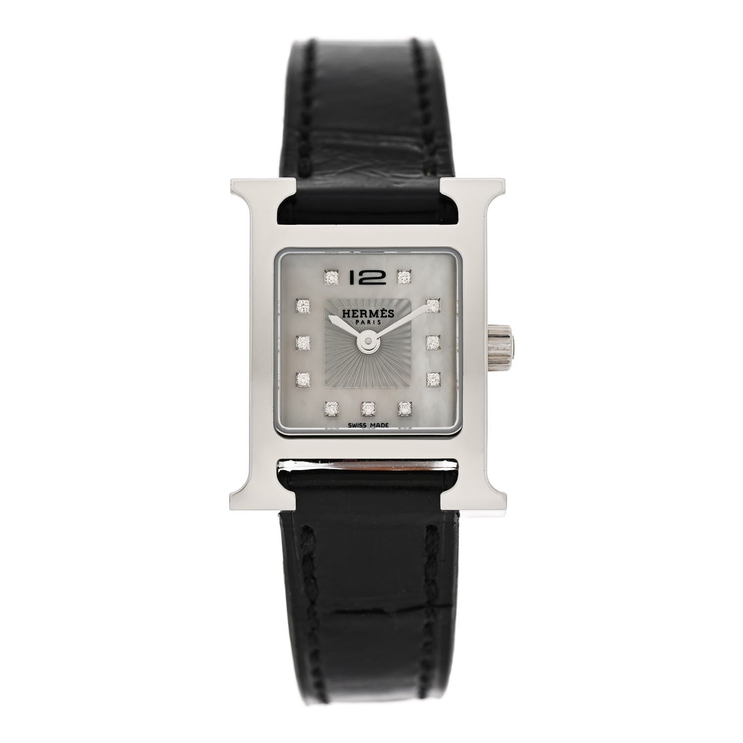 Hermes Stainless Steel Alligator Diamond Mother of Pearl 17.2mm Heure H Hour Quartz Watch Noir 1 of 5