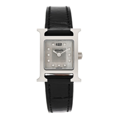Hermes Stainless Steel Alligator Diamond Mother of Pearl 17.2mm Heure H Hour Quartz Watch Noir 1 of 5
