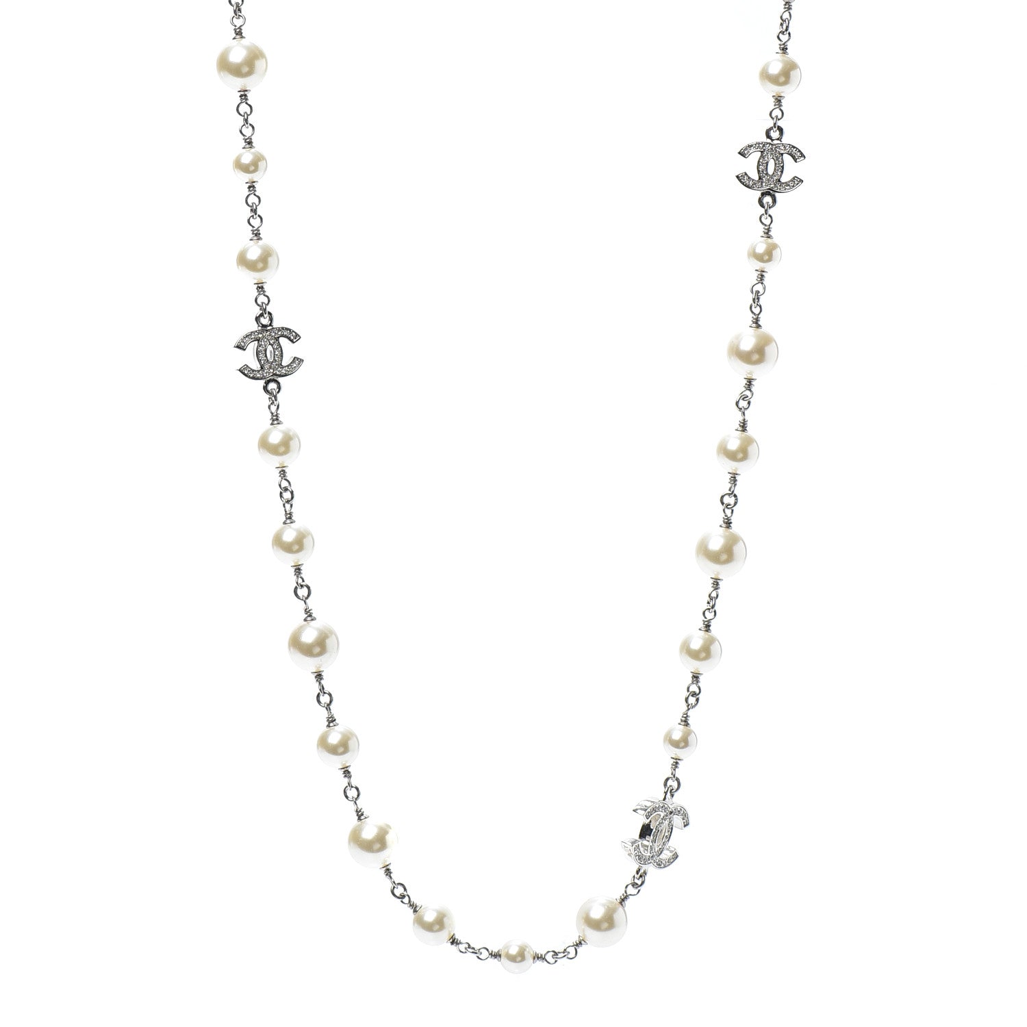 Chanel Crystal Pearl CC Long Necklace Silver 1 of 4