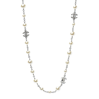 Chanel Crystal Pearl CC Long Necklace Silver 1 of 4