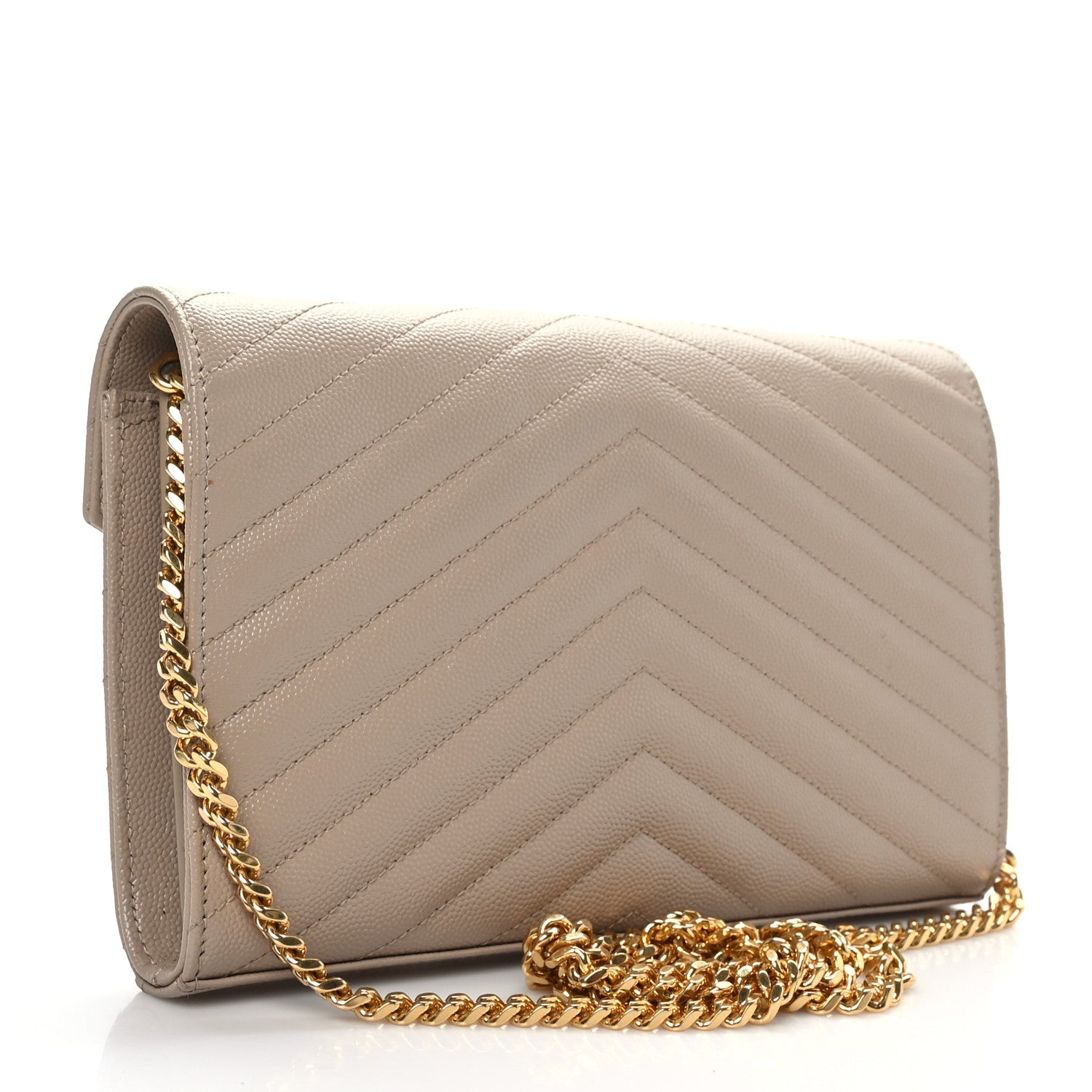 Saint Laurent Grain De Poudre Matelasse Chevron Monogram Chain Wallet Dark Beige 3 of 9